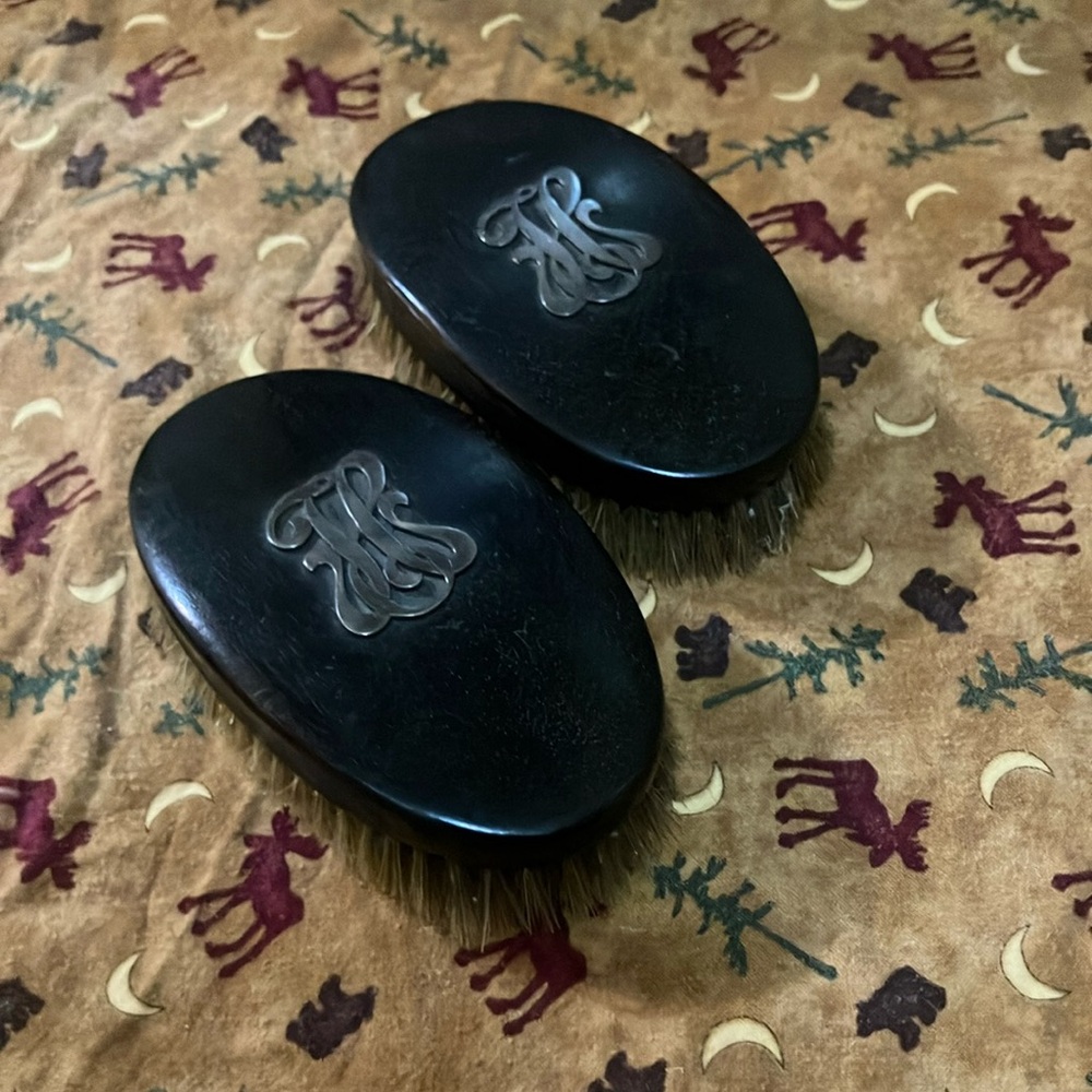 Antique (1890-1910) Black Ebony Hair Brushes with monogram